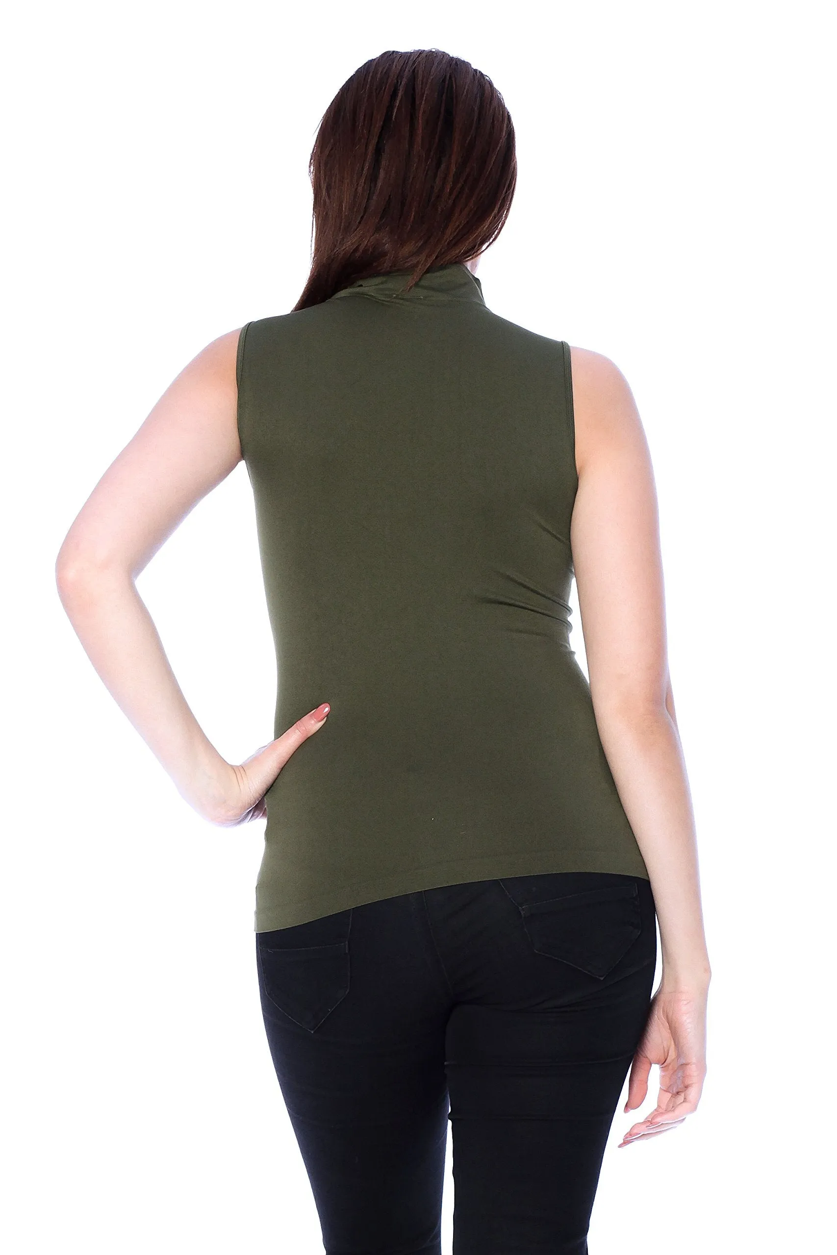 Khanomak High Mock Neck Sleeveless Plain Solid Basic Stretch One Size Tank Top