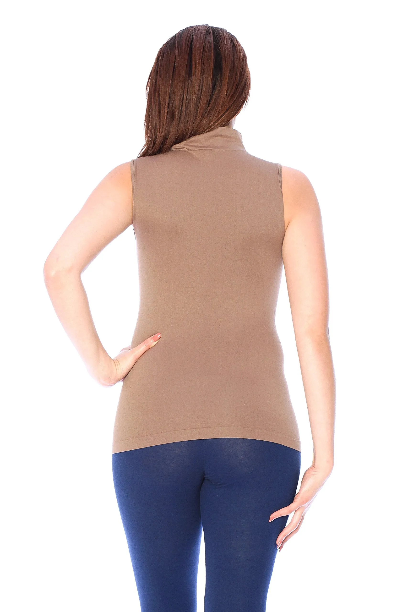 Khanomak High Mock Neck Sleeveless Plain Solid Basic Stretch One Size Tank Top