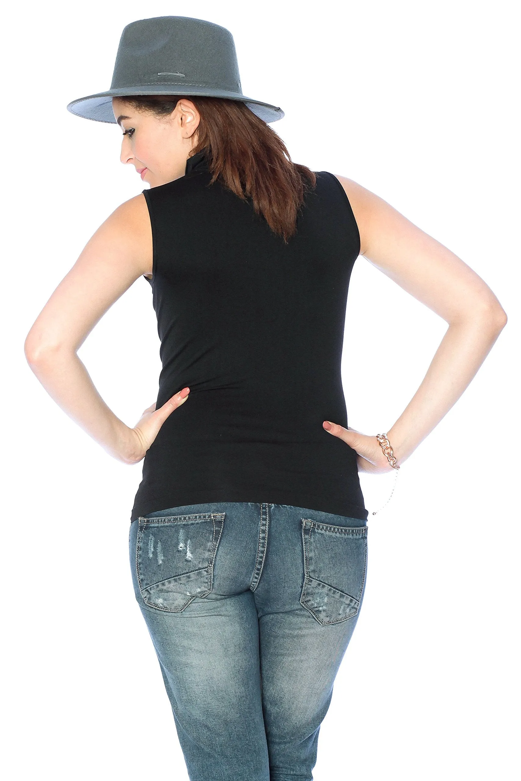 Khanomak High Mock Neck Sleeveless Plain Solid Basic Stretch One Size Tank Top