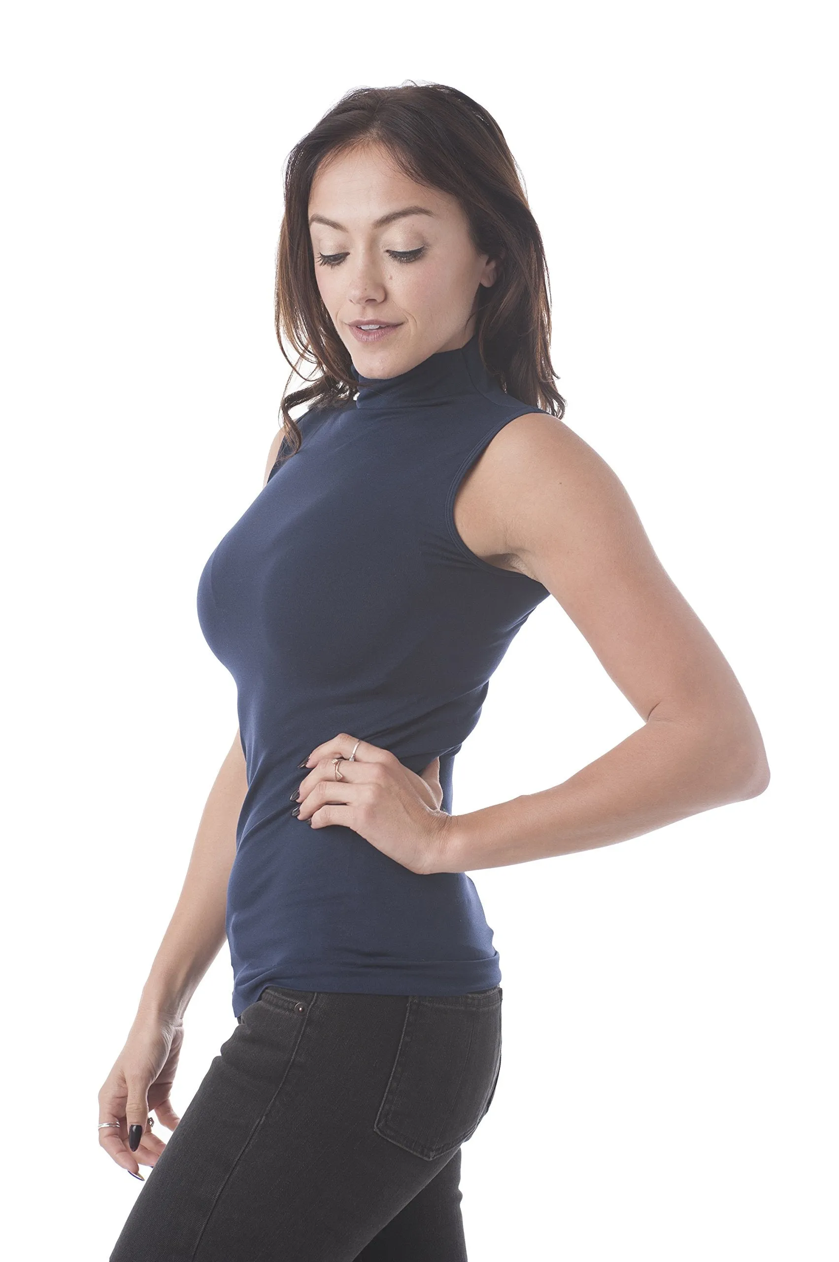 Khanomak High Mock Neck Sleeveless Plain Solid Basic Stretch One Size Tank Top