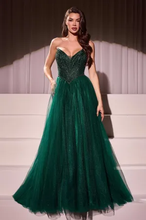 Ladivine CC415 Size 6 Emerald Sheer Beaded V Neck Corset Prom Dress A Line Shimmer Ballgown Formal Gown