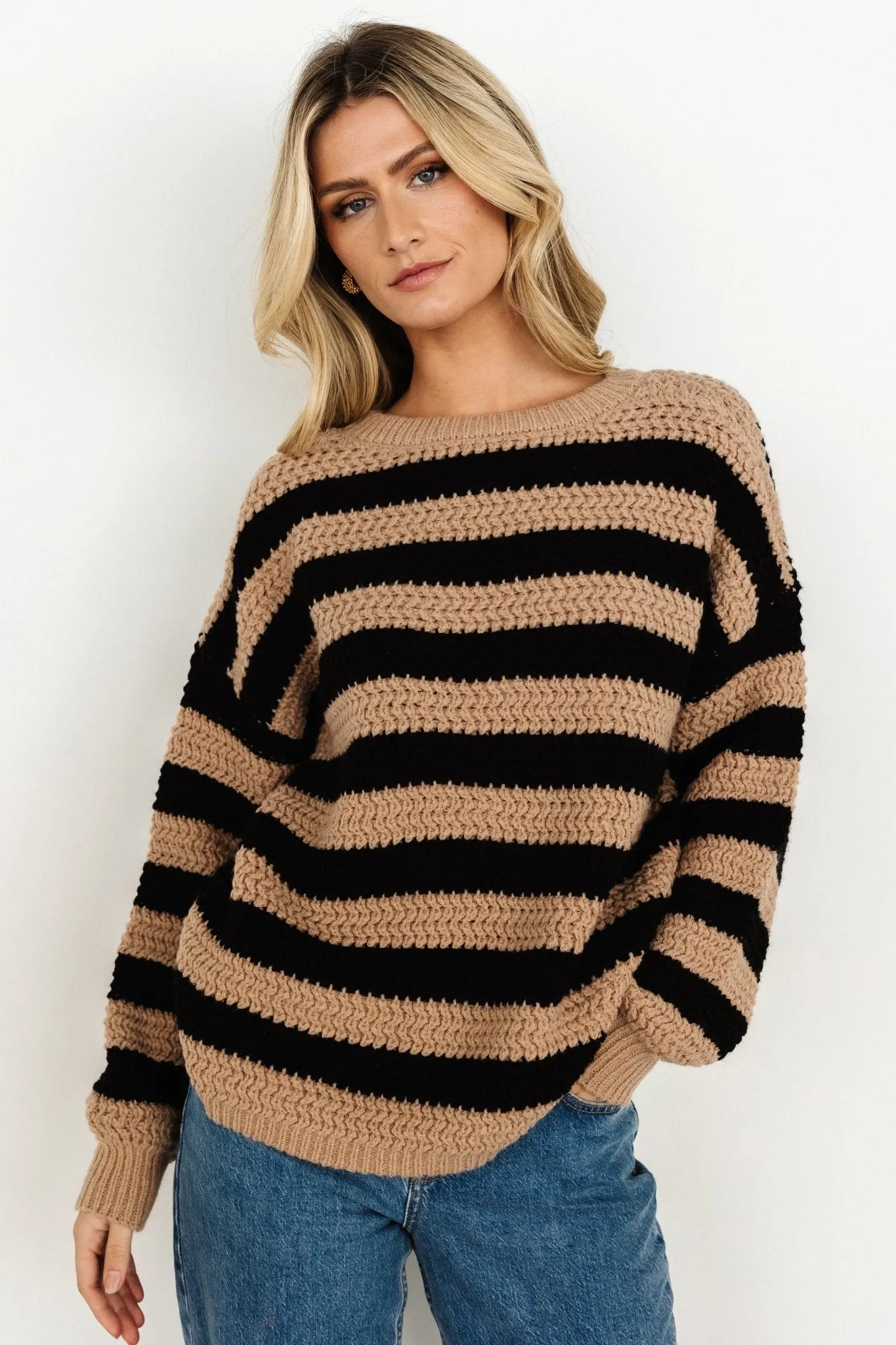 Liam Chunky Knit Sweater | Tan   Black