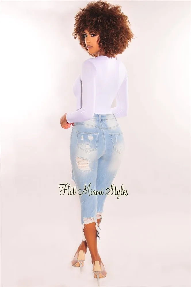 Light Denim Ripped Knee Destroyed Hem Cropped Jeans