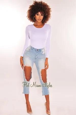 Light Denim Ripped Knee Destroyed Hem Cropped Jeans