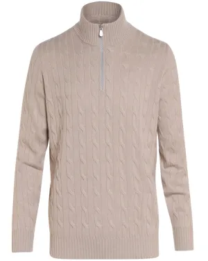 Light Tan Cashmere Cable Knit Quarter Zip Sweater