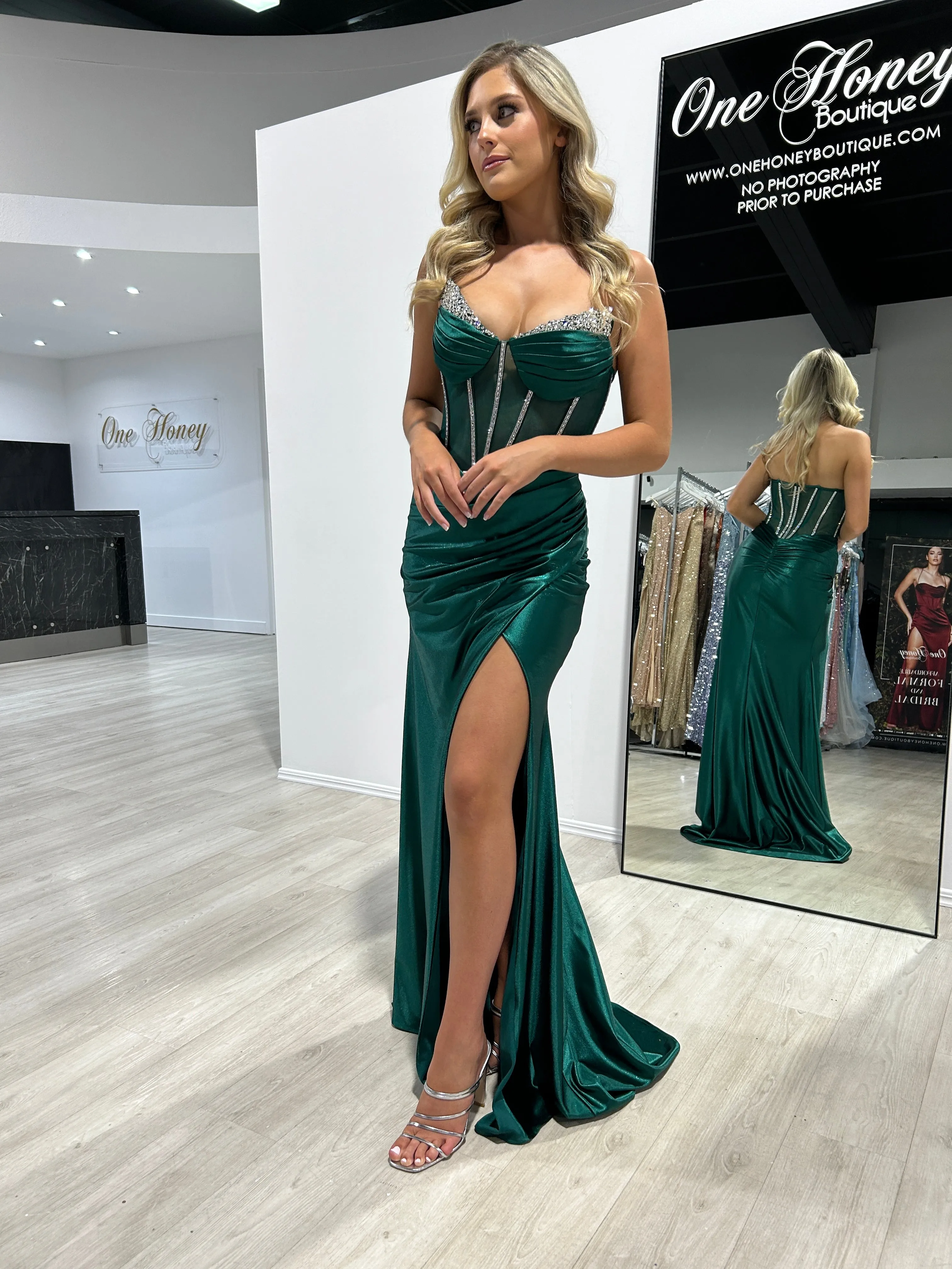MADAM Strapless Satin Beaded Detail Corset Bustier Formal Dress