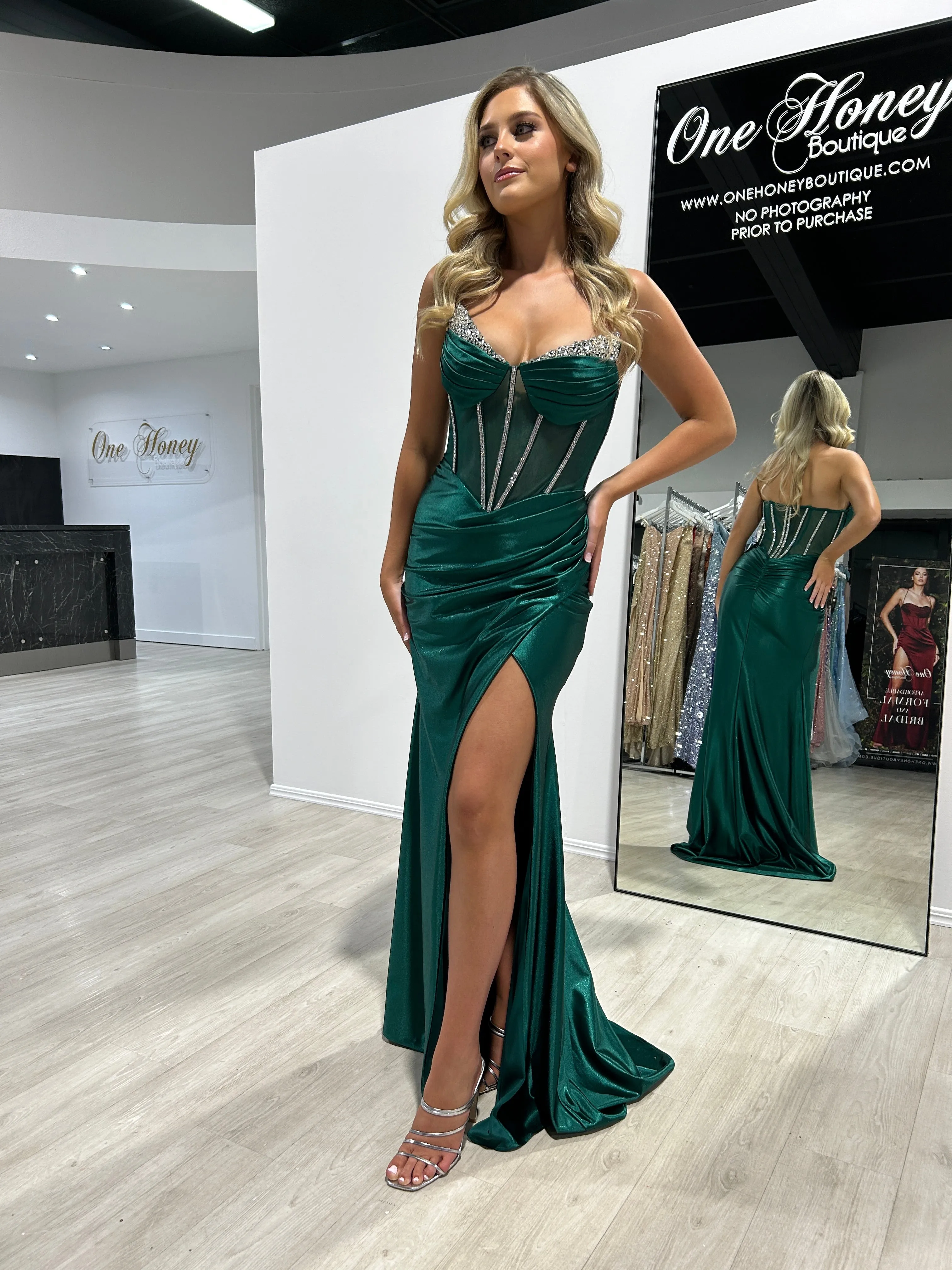 MADAM Strapless Satin Beaded Detail Corset Bustier Formal Dress
