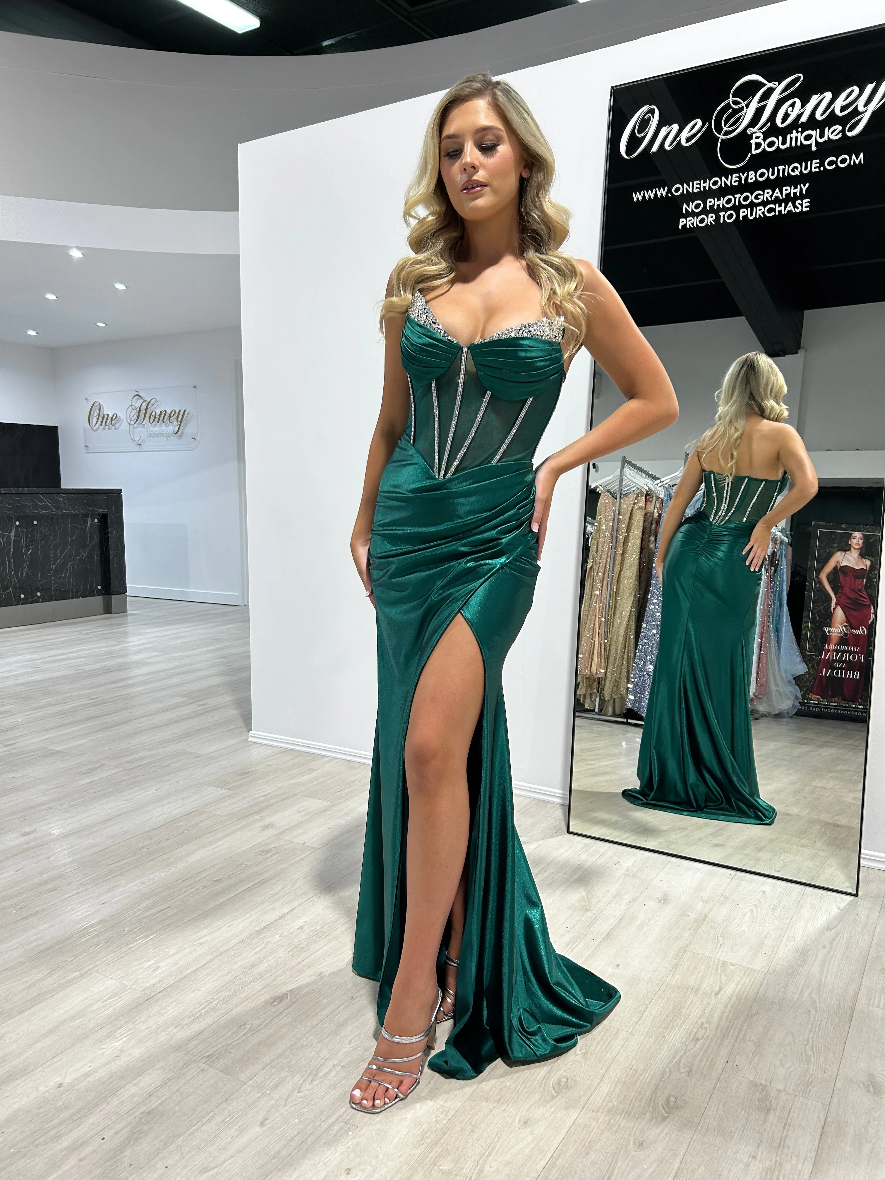 MADAM Strapless Satin Beaded Detail Corset Bustier Formal Dress