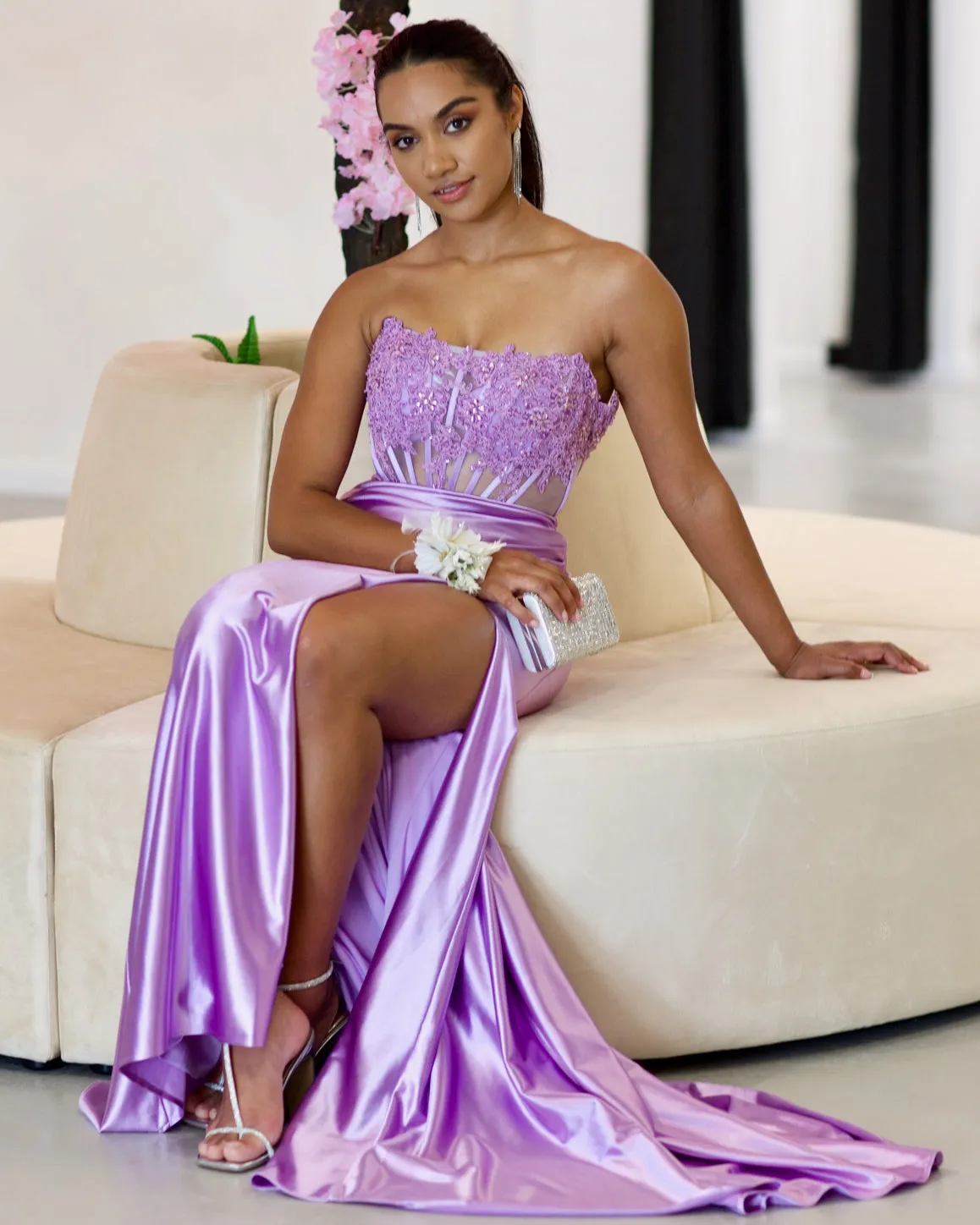 Madeline Corset Satin Gown - Lilac