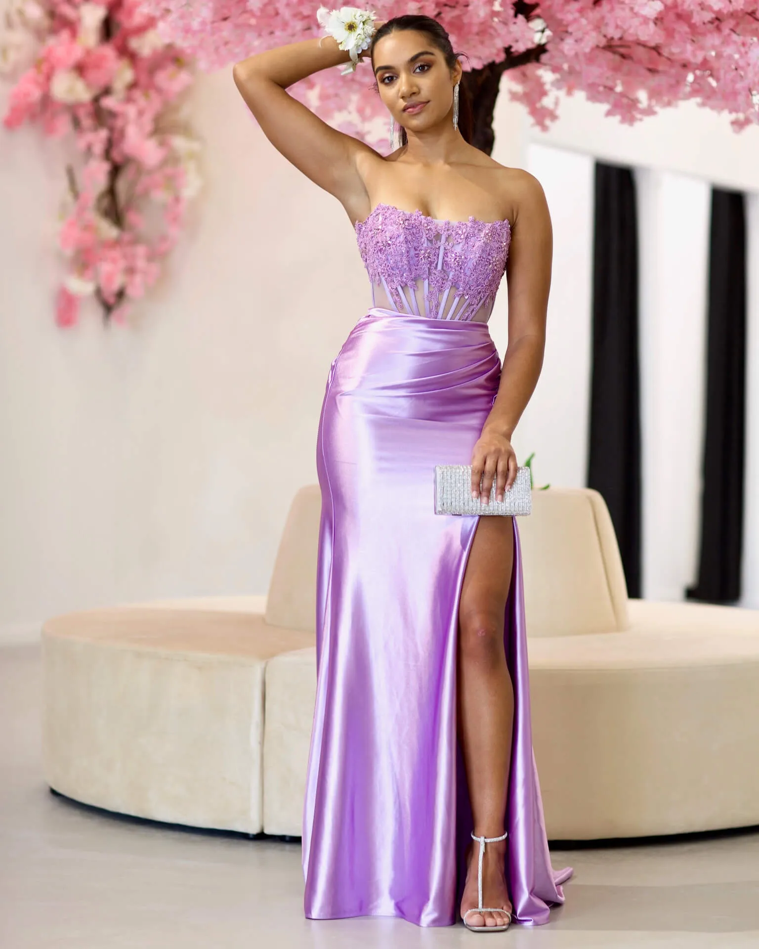 Madeline Corset Satin Gown - Lilac