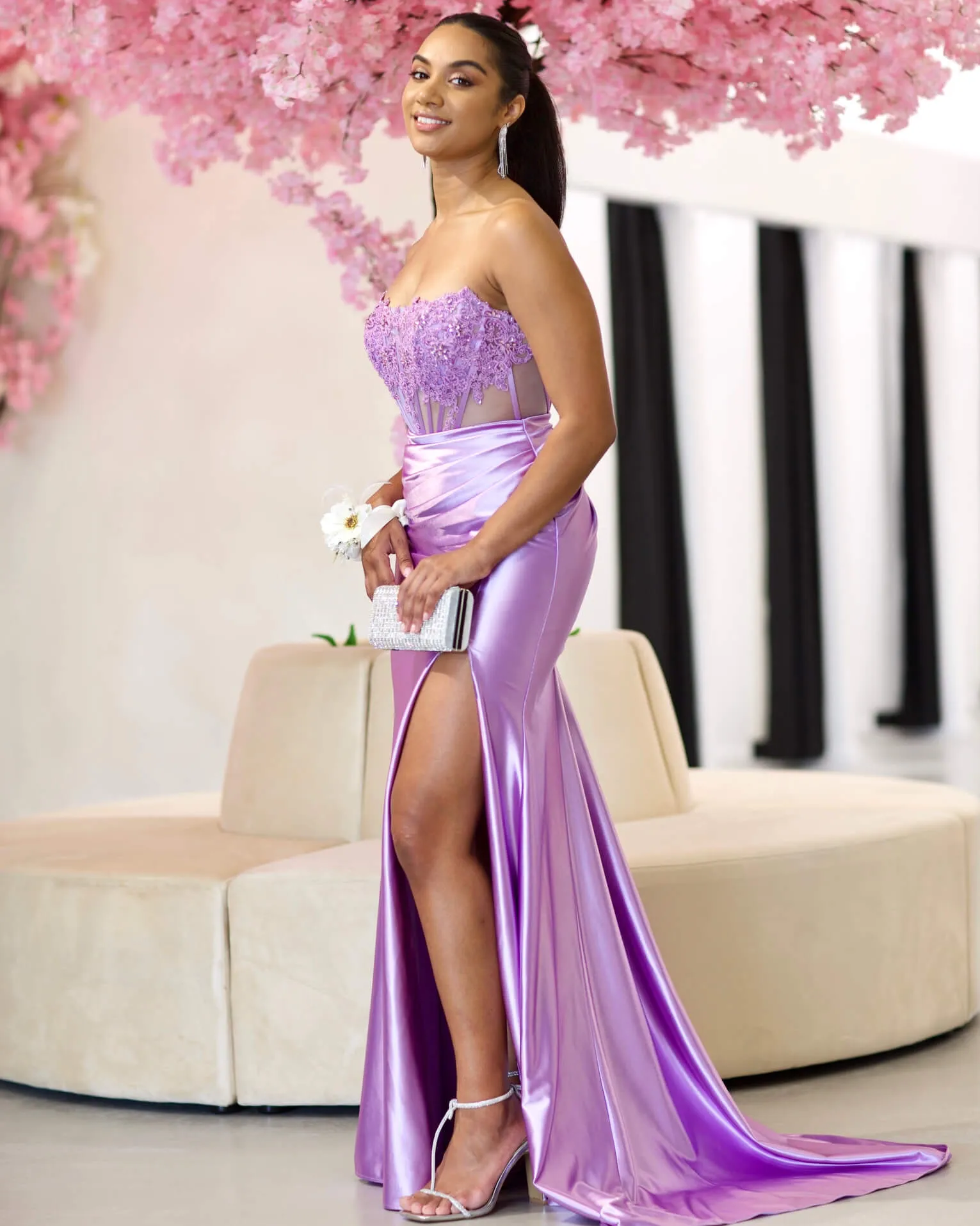 Madeline Corset Satin Gown - Lilac
