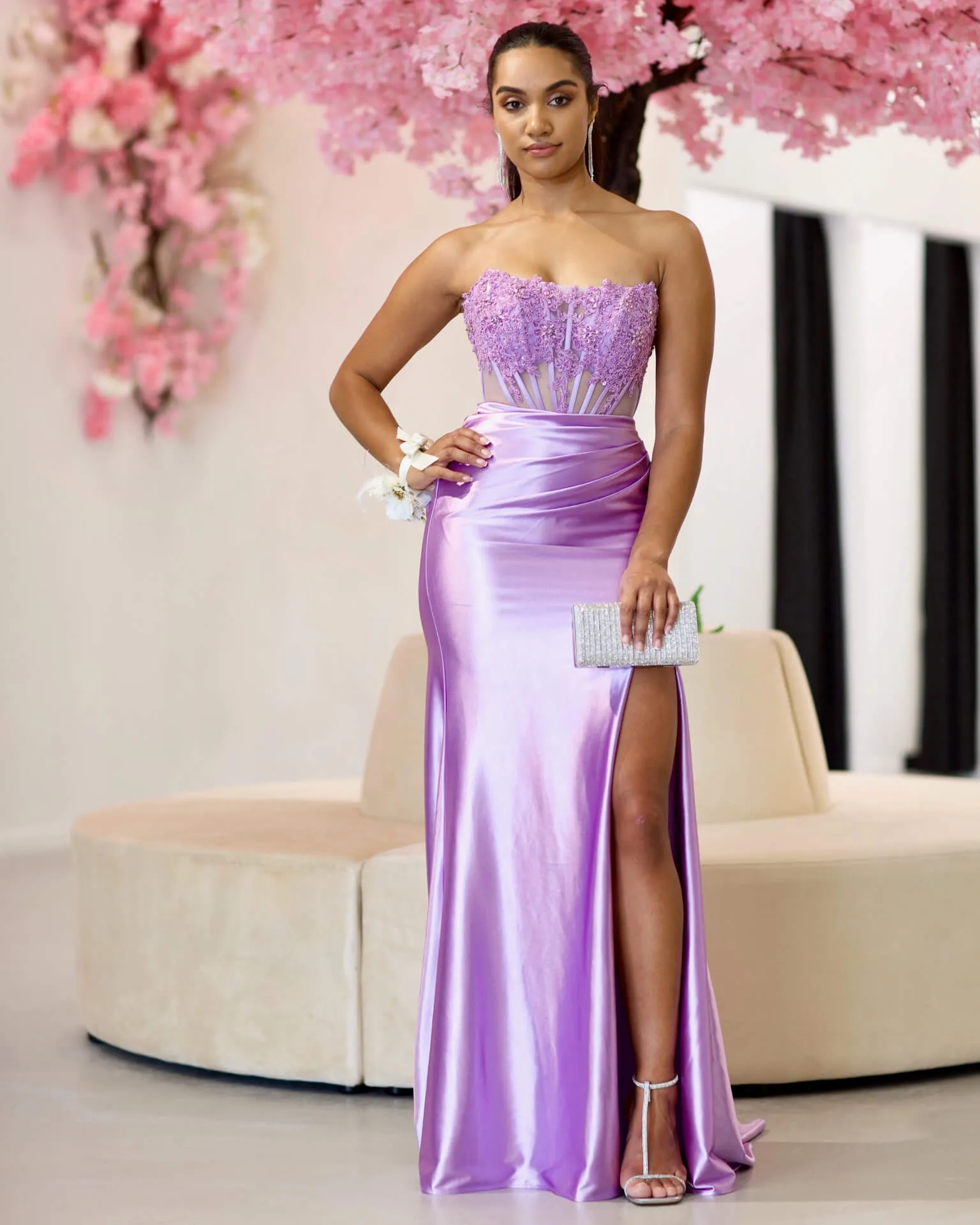Madeline Corset Satin Gown - Lilac