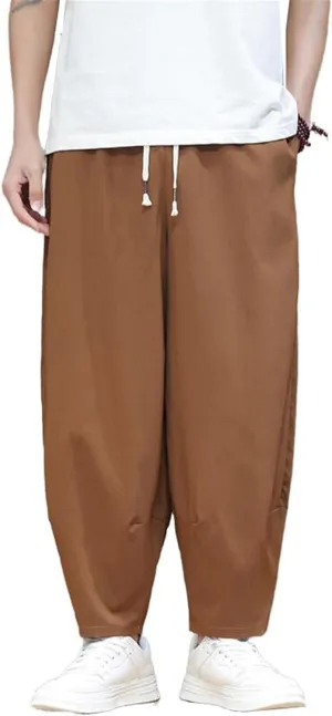 Men's Pants Summer Ice Silk Capri Cropped Harem Loose Fit Chinese Style Sports Casual Elastic Waist Trouser