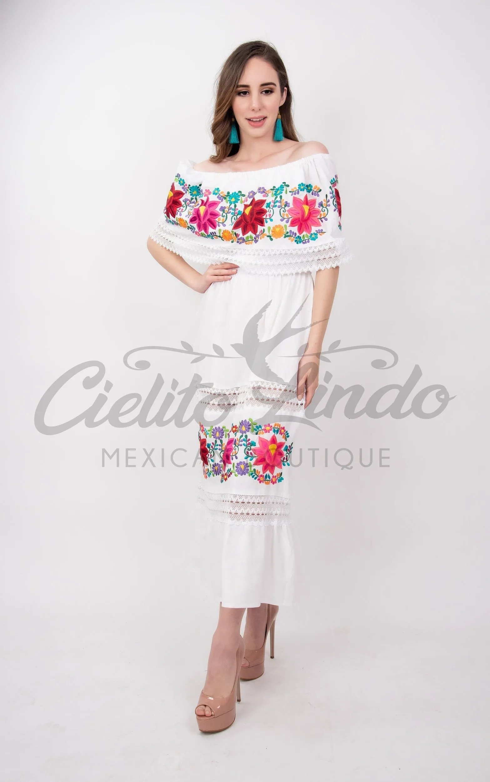 Mexican Luxury Fino Campesino Maxi Dress White