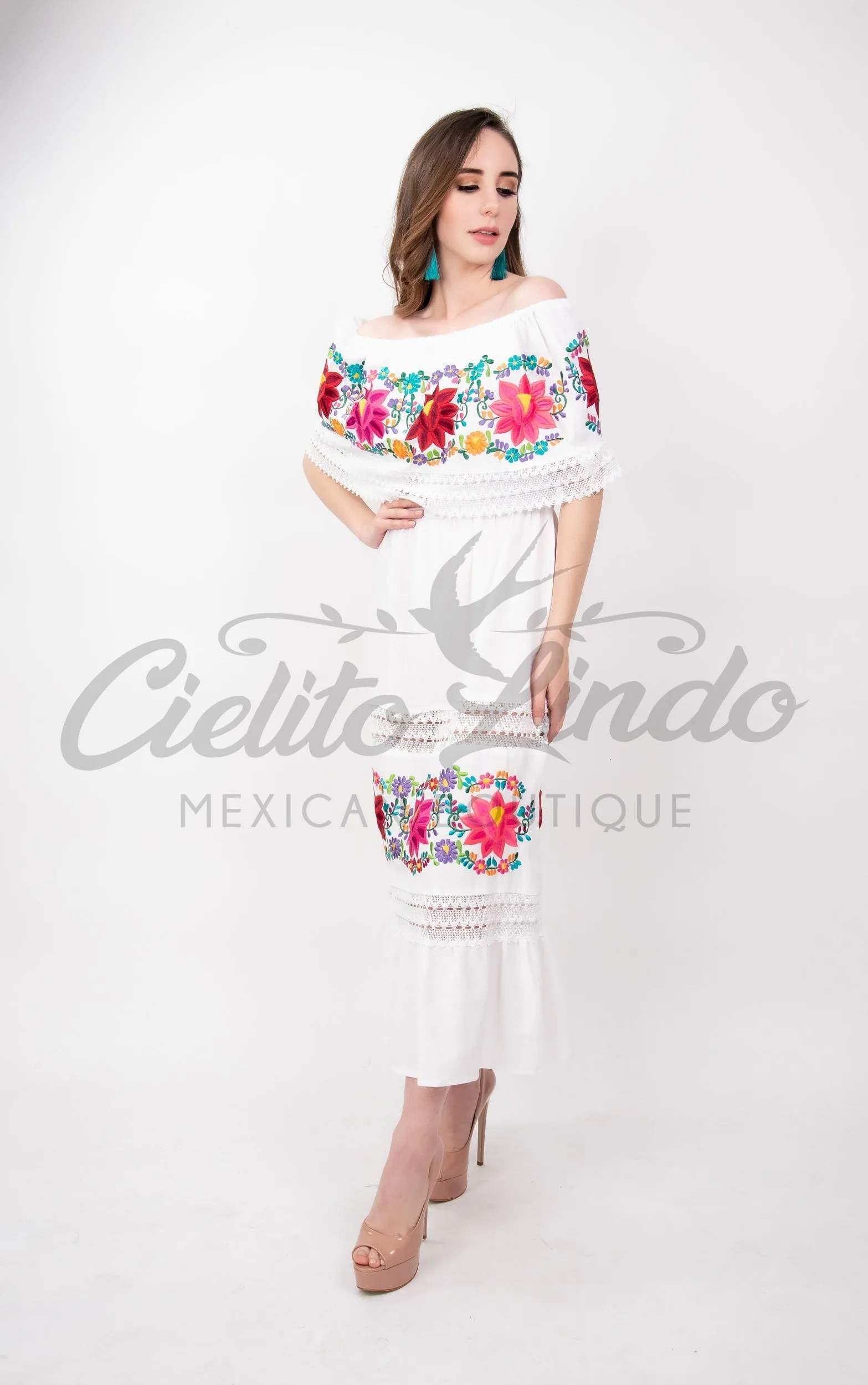 Mexican Luxury Fino Campesino Maxi Dress White