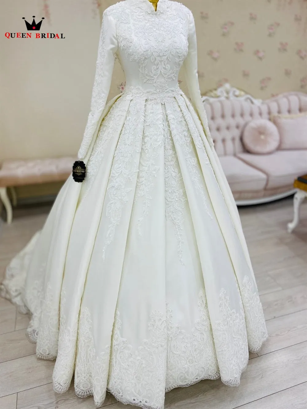 Muslim Wedding Dresses Real Photos Ball Gown High Neck Long Sleeve Satin Tulle Lace  Formal Luxury Bride Dress Custom Made DE18