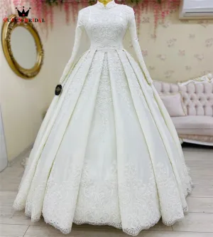 Muslim Wedding Dresses Real Photos Ball Gown High Neck Long Sleeve Satin Tulle Lace  Formal Luxury Bride Dress Custom Made DE18
