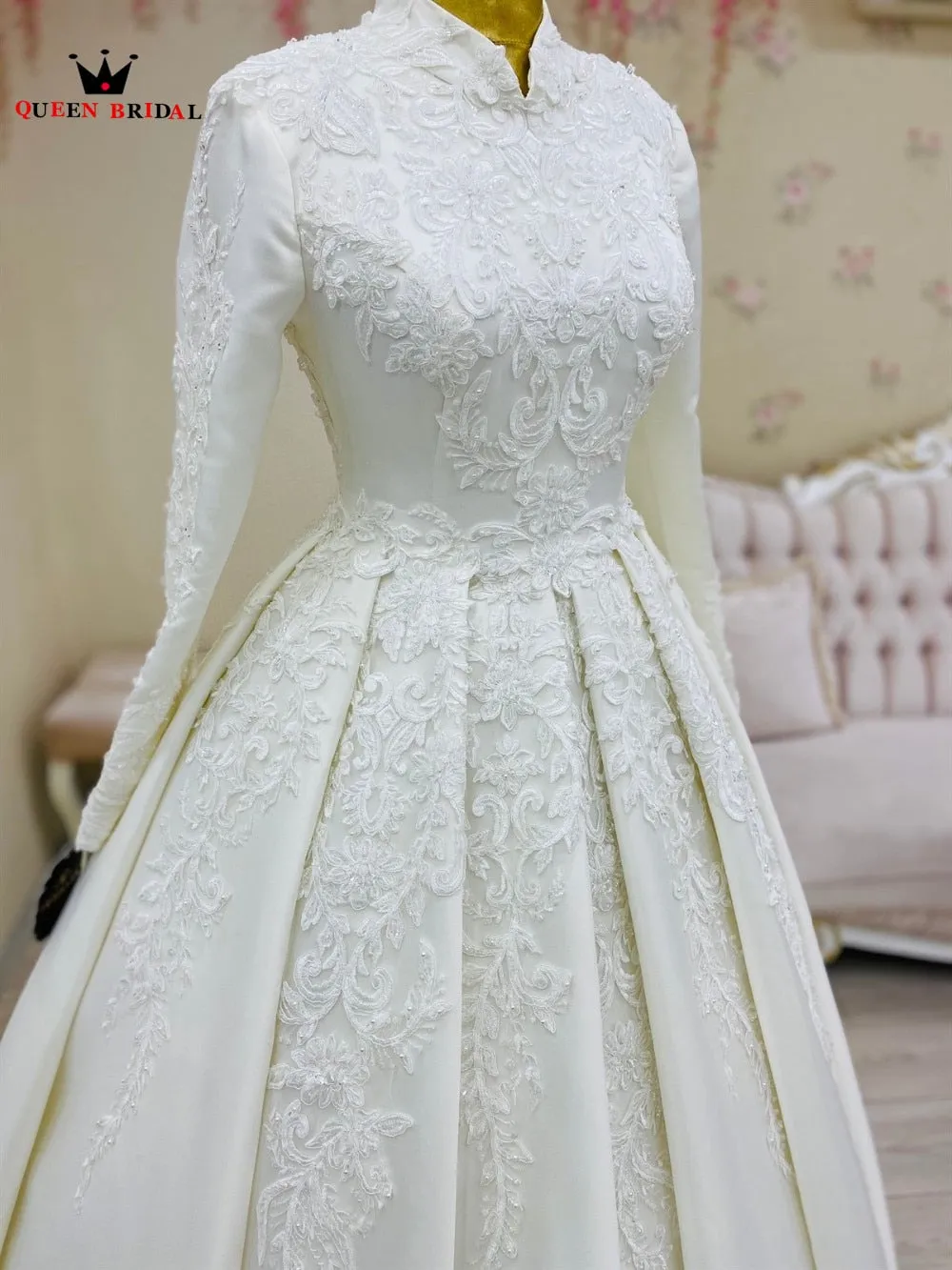 Muslim Wedding Dresses Real Photos Ball Gown High Neck Long Sleeve Satin Tulle Lace  Formal Luxury Bride Dress Custom Made DE18