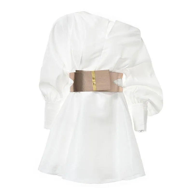 Off Shoulder V Neck Party Lantern Sleeve High Waist Asymmetrical Mini Dress