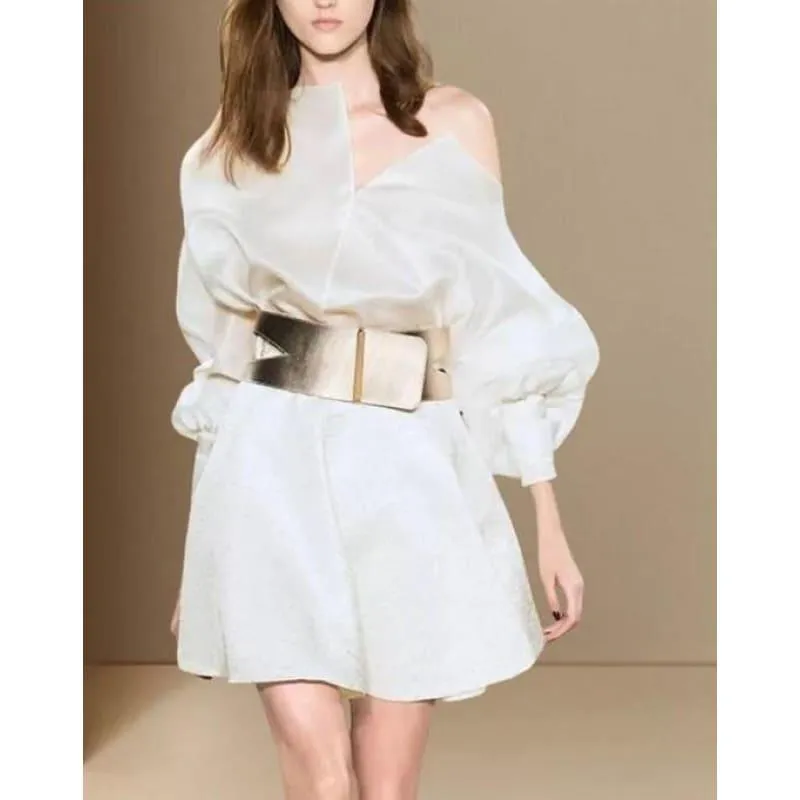 Off Shoulder V Neck Party Lantern Sleeve High Waist Asymmetrical Mini Dress