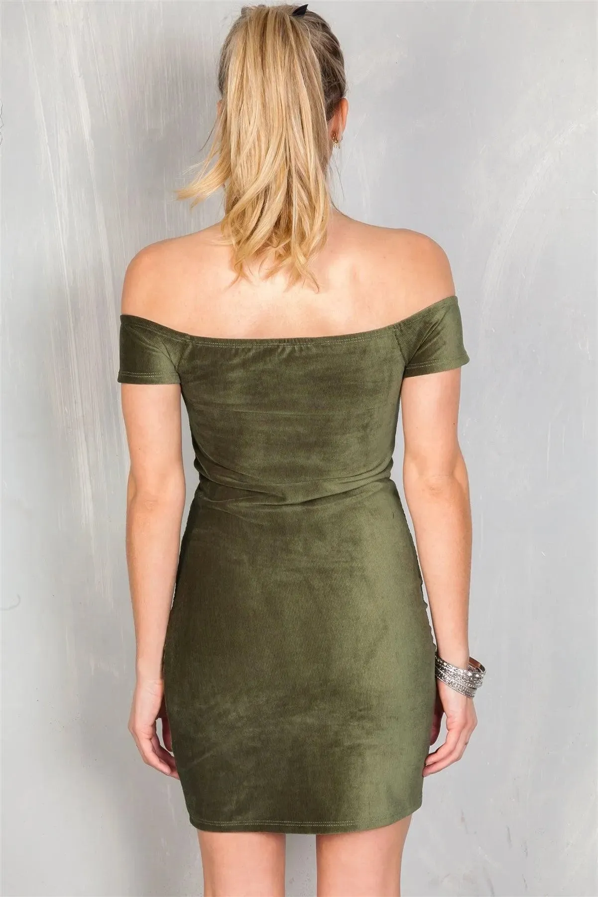 Olive Sexy Rib Knit Off The Shoulder Button Down Mini Velvet Dress /2-2-2