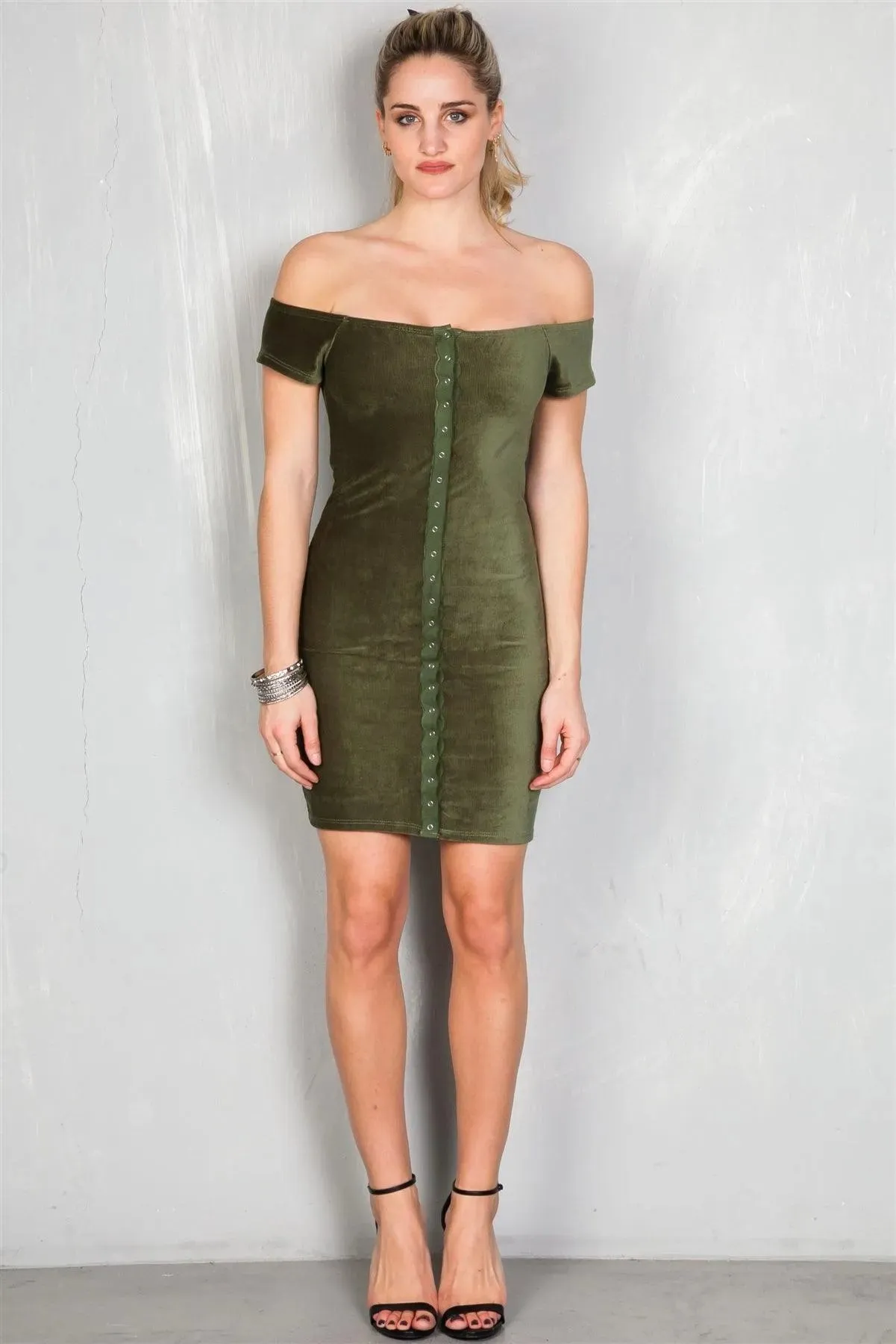 Olive Sexy Rib Knit Off The Shoulder Button Down Mini Velvet Dress /2-2-2