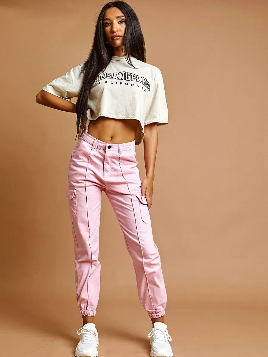 Pink Cargo Combat Pocket Jeans Trousers