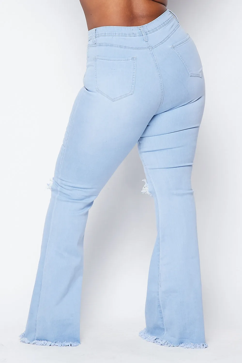 Plus Size Super High Waisted Slit Distressed Bell Bottoms - Light Denim