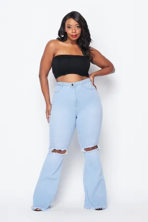 Plus Size Super High Waisted Slit Distressed Bell Bottoms - Light Denim