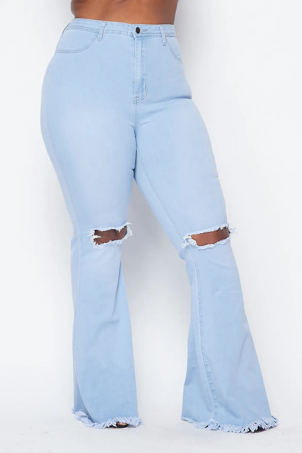 Plus Size Super High Waisted Slit Distressed Bell Bottoms - Light Denim