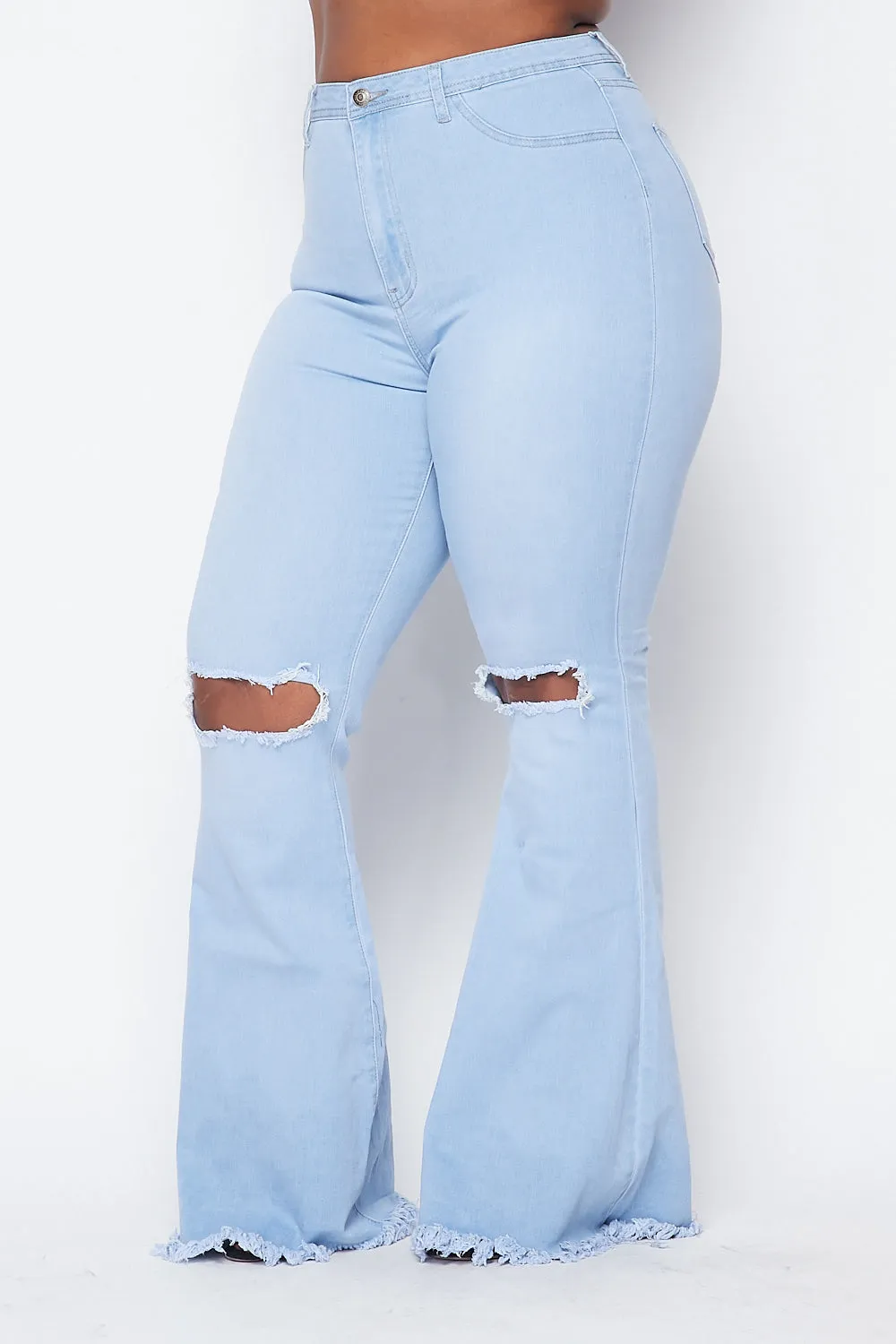 Plus Size Super High Waisted Slit Distressed Bell Bottoms - Light Denim