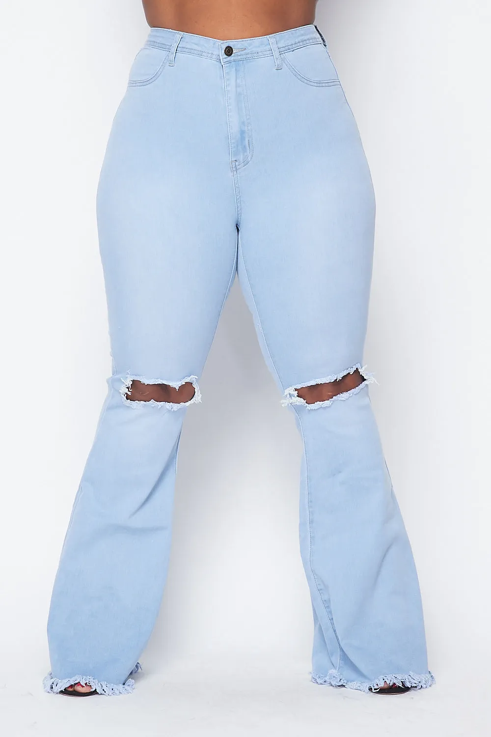 Plus Size Super High Waisted Slit Distressed Bell Bottoms - Light Denim