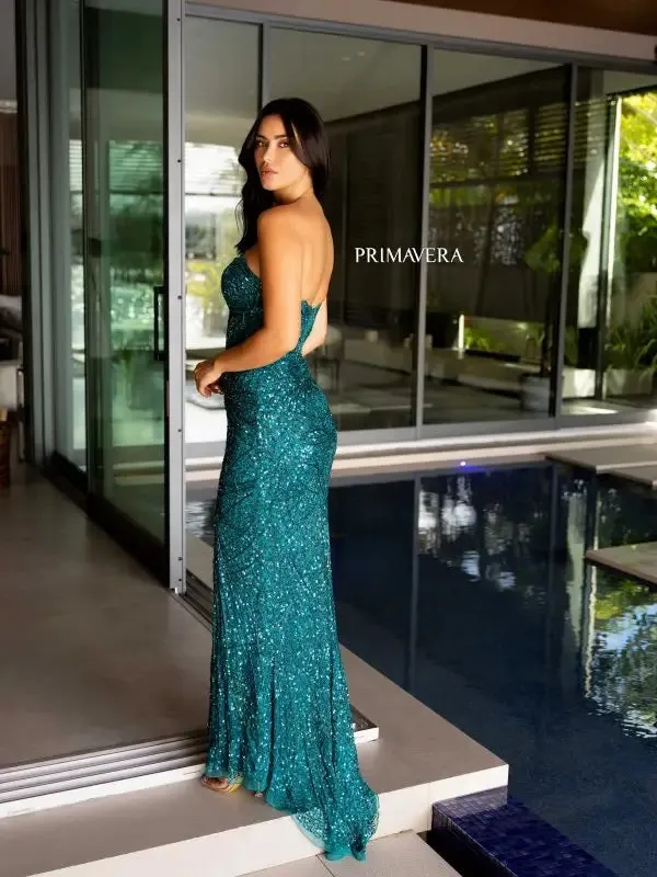 Primavera Couture 4130 Long Prom Dress Fitted High Slit Sequin Beaded Strapless Sweetheart Neckline Formal Pageant Gown