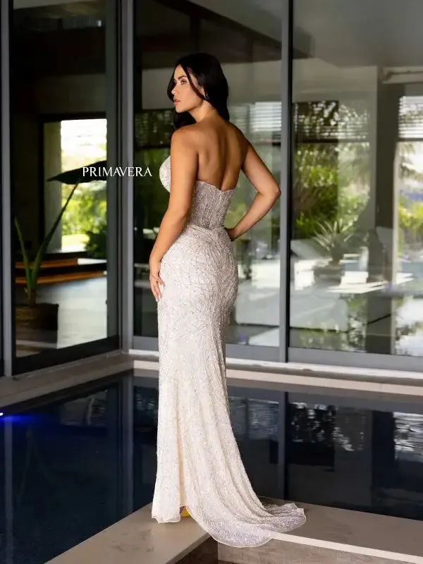 Primavera Couture 4130 Long Prom Dress Fitted High Slit Sequin Beaded Strapless Sweetheart Neckline Formal Pageant Gown