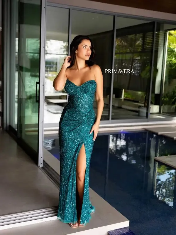 Primavera Couture 4130 Long Prom Dress Fitted High Slit Sequin Beaded Strapless Sweetheart Neckline Formal Pageant Gown