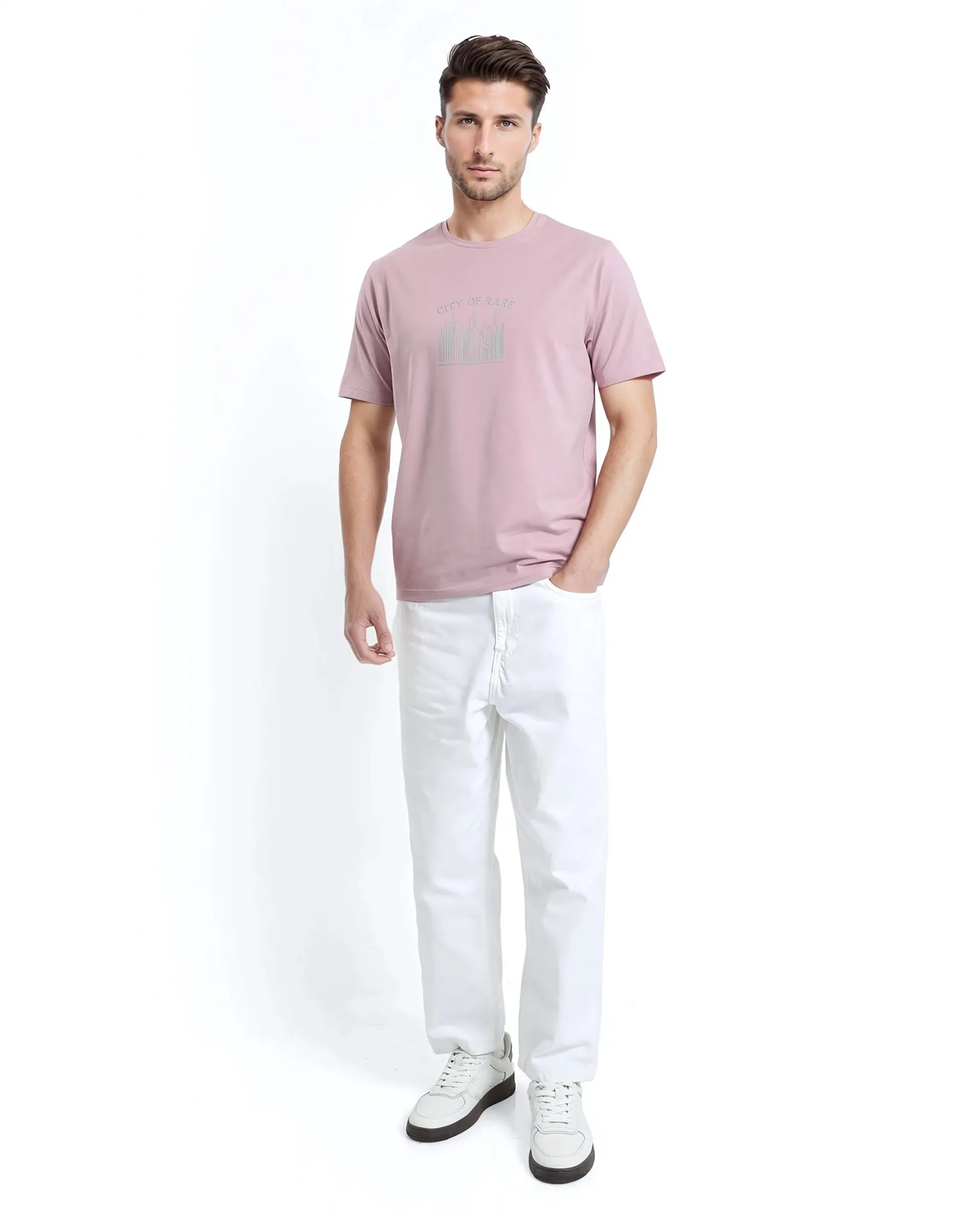 Rare Rabbit Men Quix Pastel Pink Cotton Blend Fabric Short Sleeve Crew Neck Hd Print T-Shirt