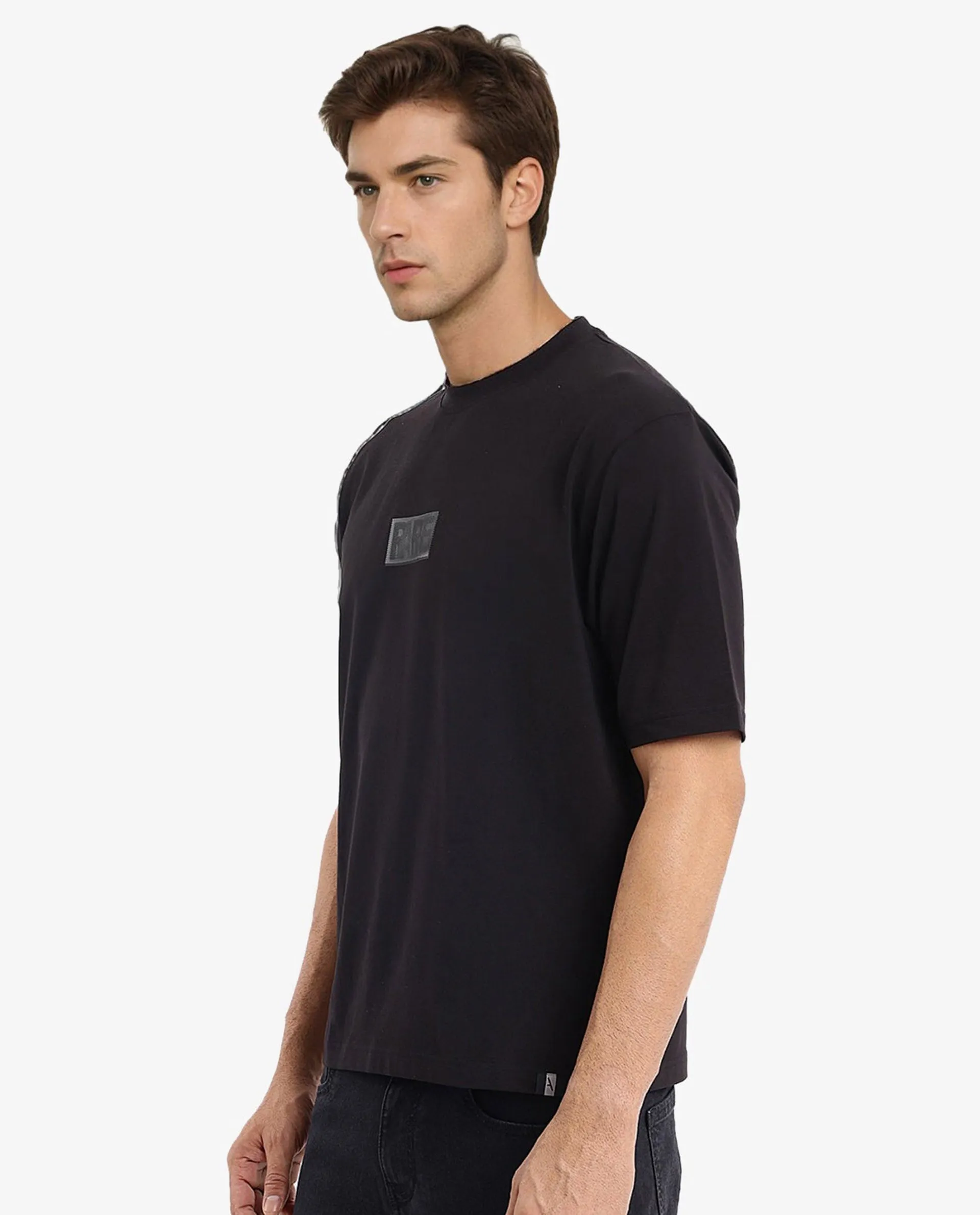 Rare Rabbit Men Reborn-T Black Cotton Fabric Short Sleeve Crew Neck Oversized Fit Graphic Print T-Shirt
