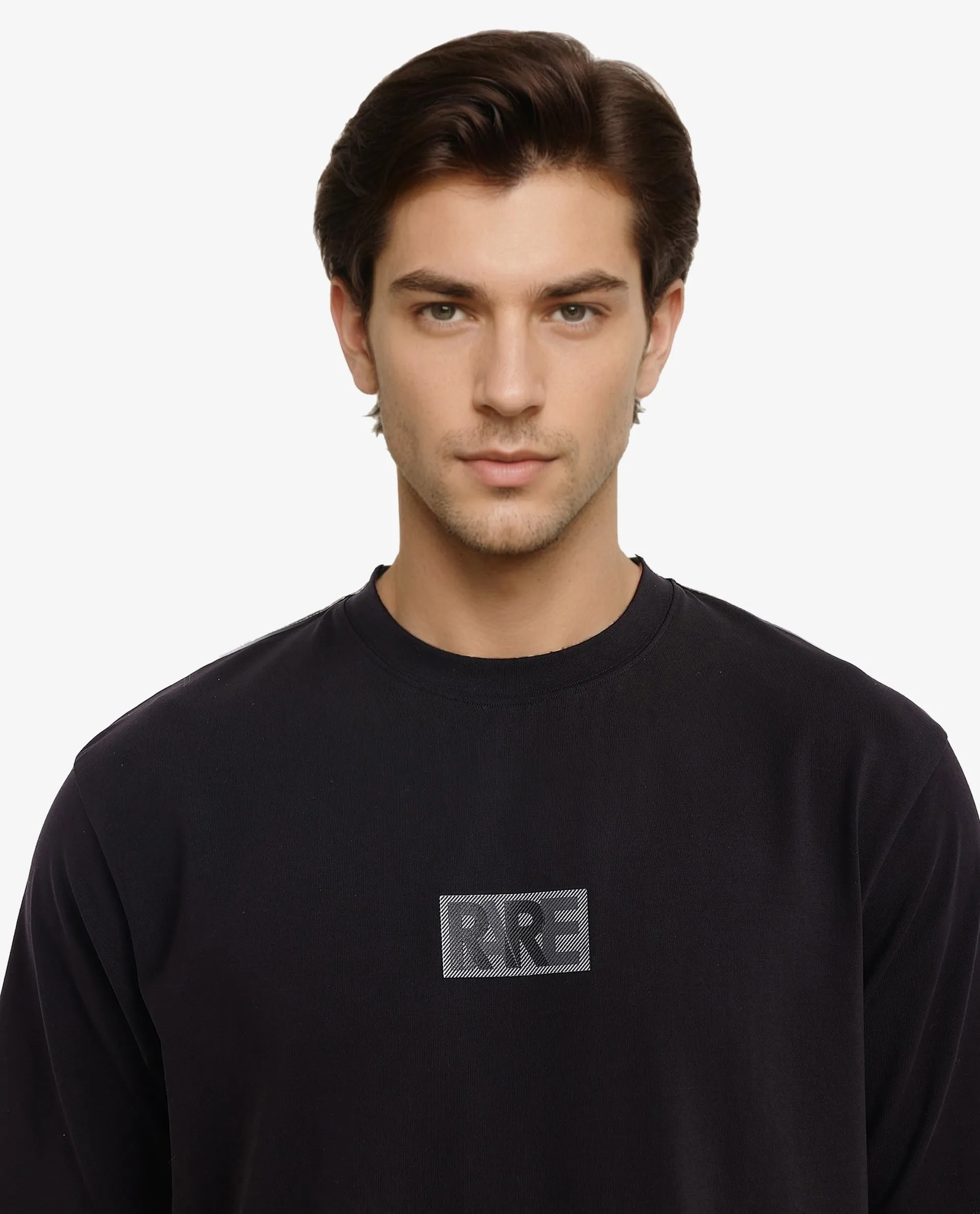 Rare Rabbit Men Reborn-T Black Cotton Fabric Short Sleeve Crew Neck Oversized Fit Graphic Print T-Shirt