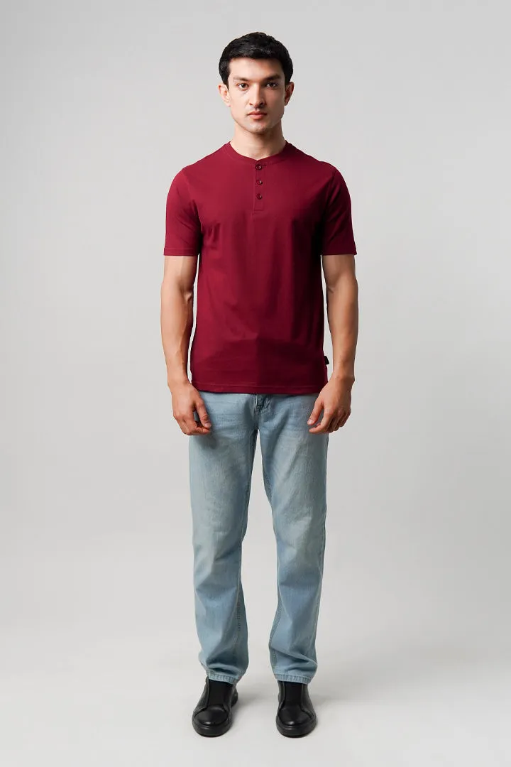 Regular Fit Henley T-Shirt - Maroon