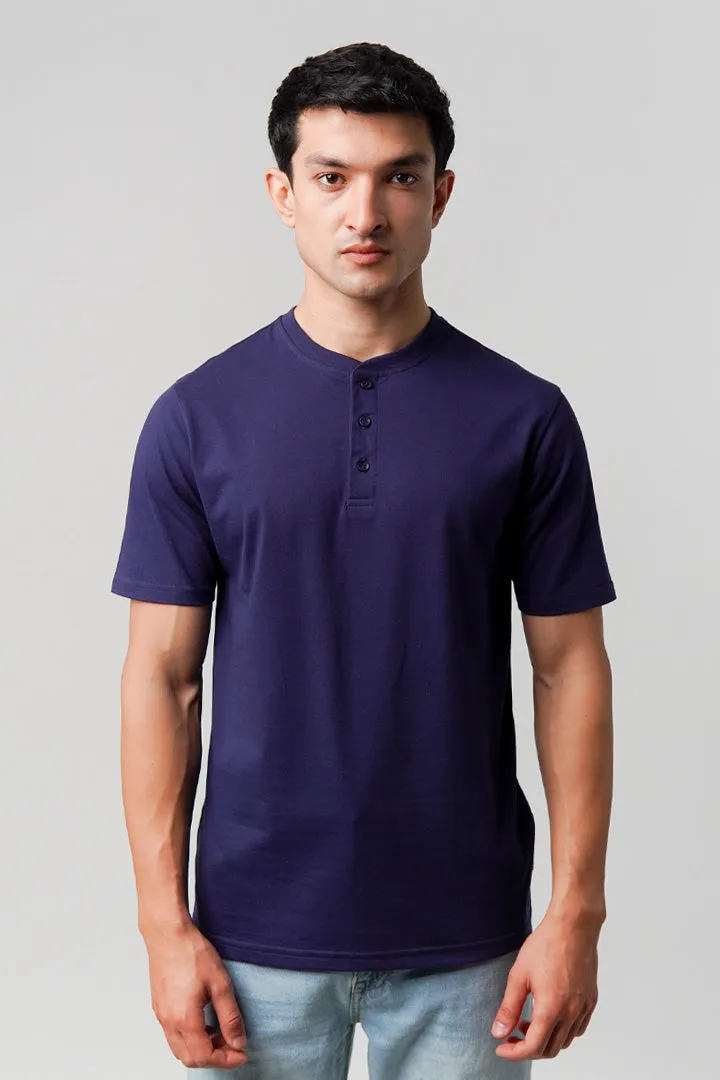 Regular Fit Henley T-Shirt - Navy Blue