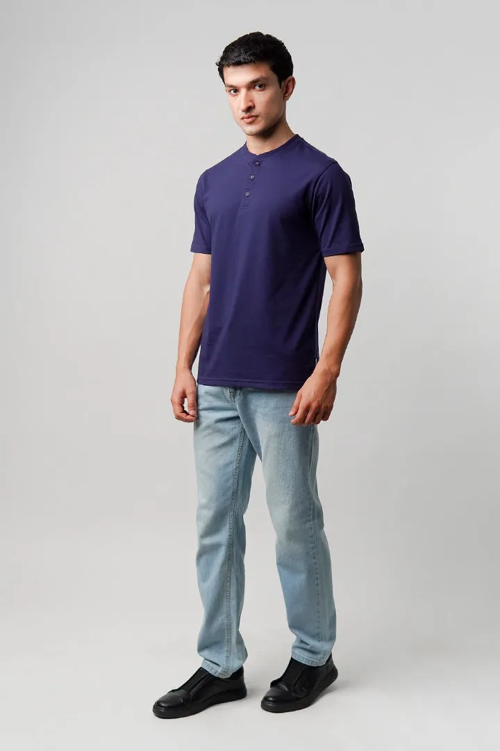 Regular Fit Henley T-Shirt - Navy Blue