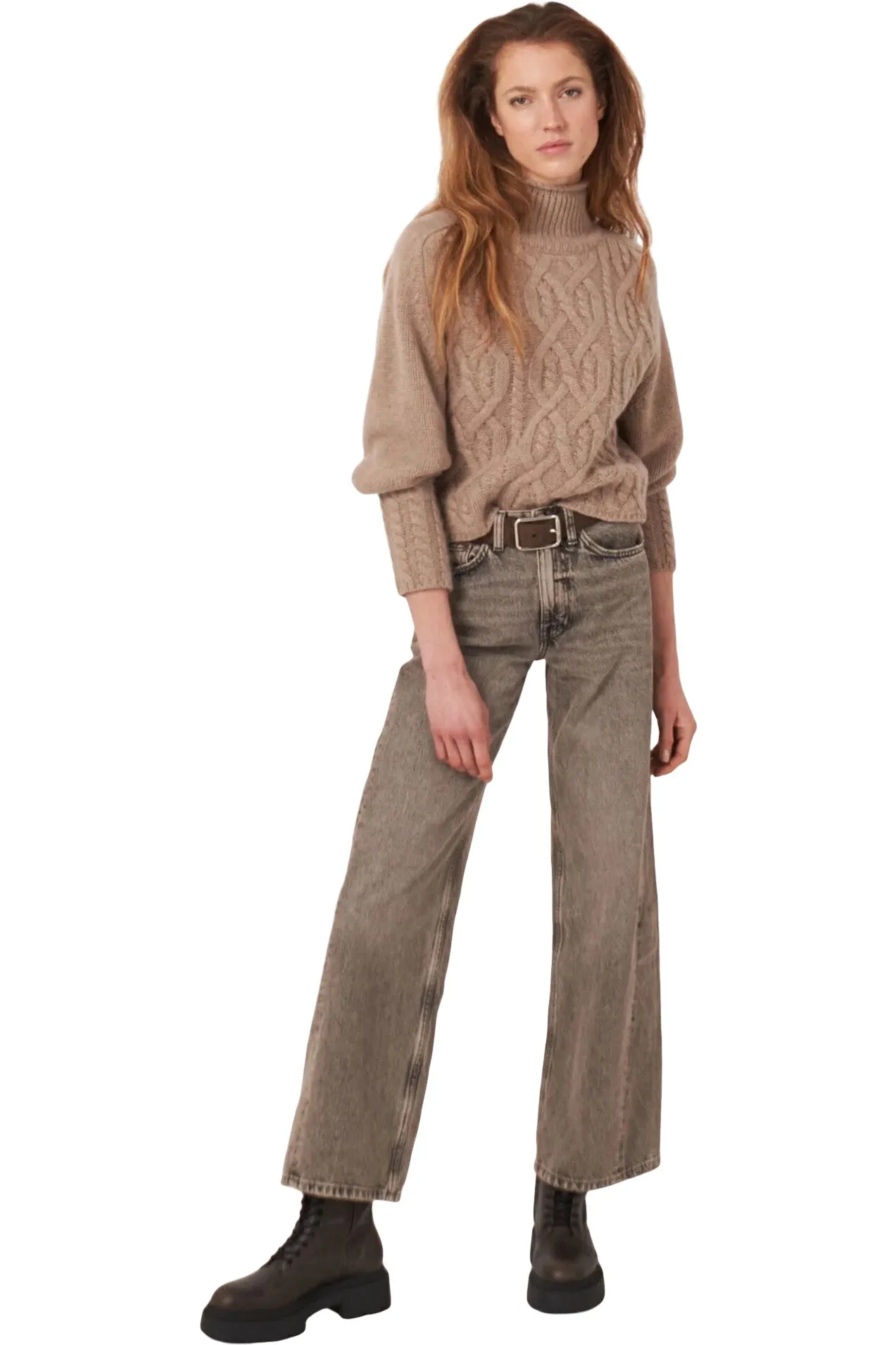 Repeat Cashmere Cropped Cable Knit Cashmere Sweater in Taupe
