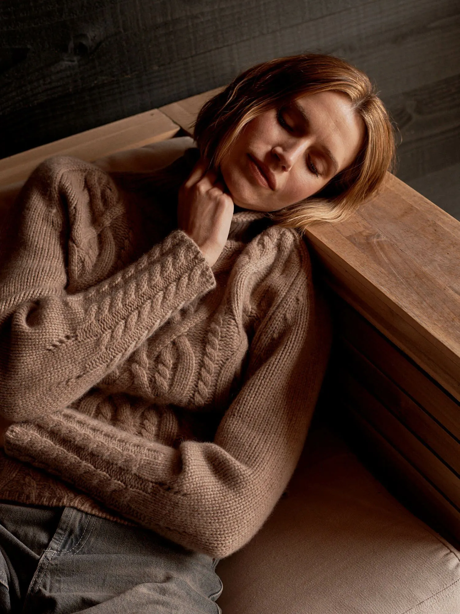 Repeat Cashmere Cropped Cable Knit Cashmere Sweater in Taupe
