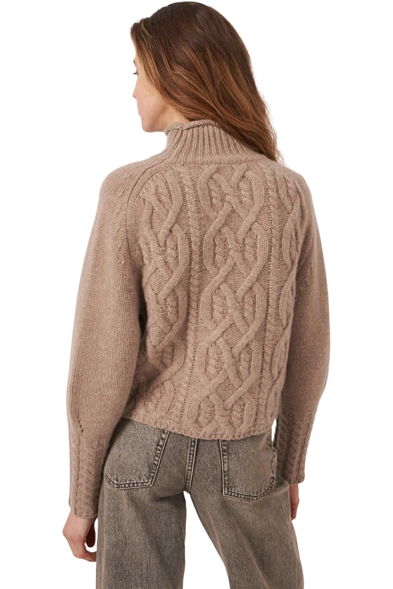 Repeat Cashmere Cropped Cable Knit Cashmere Sweater in Taupe