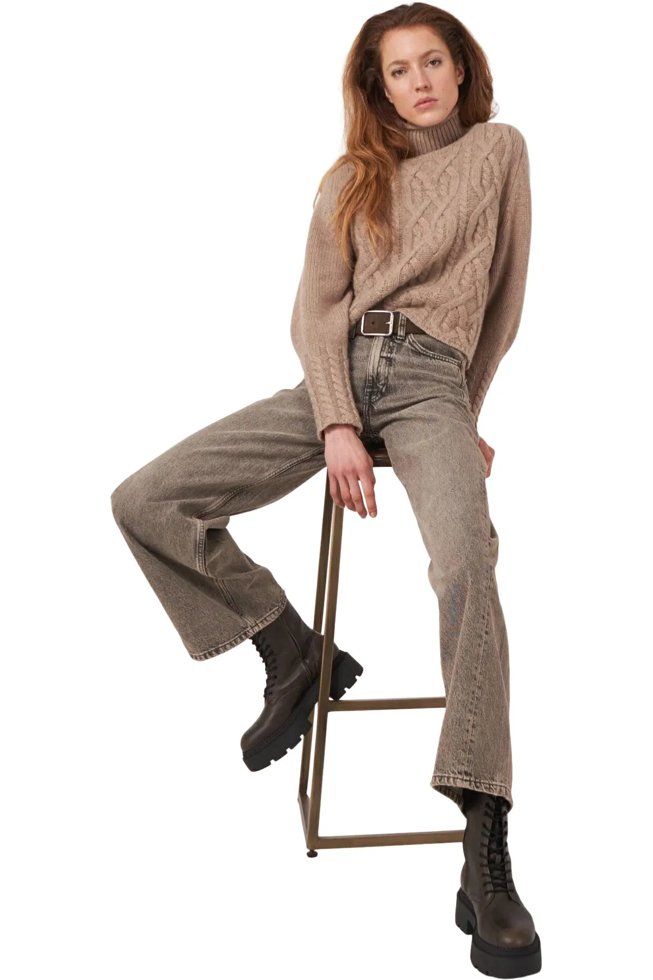 Repeat Cashmere Cropped Cable Knit Cashmere Sweater in Taupe