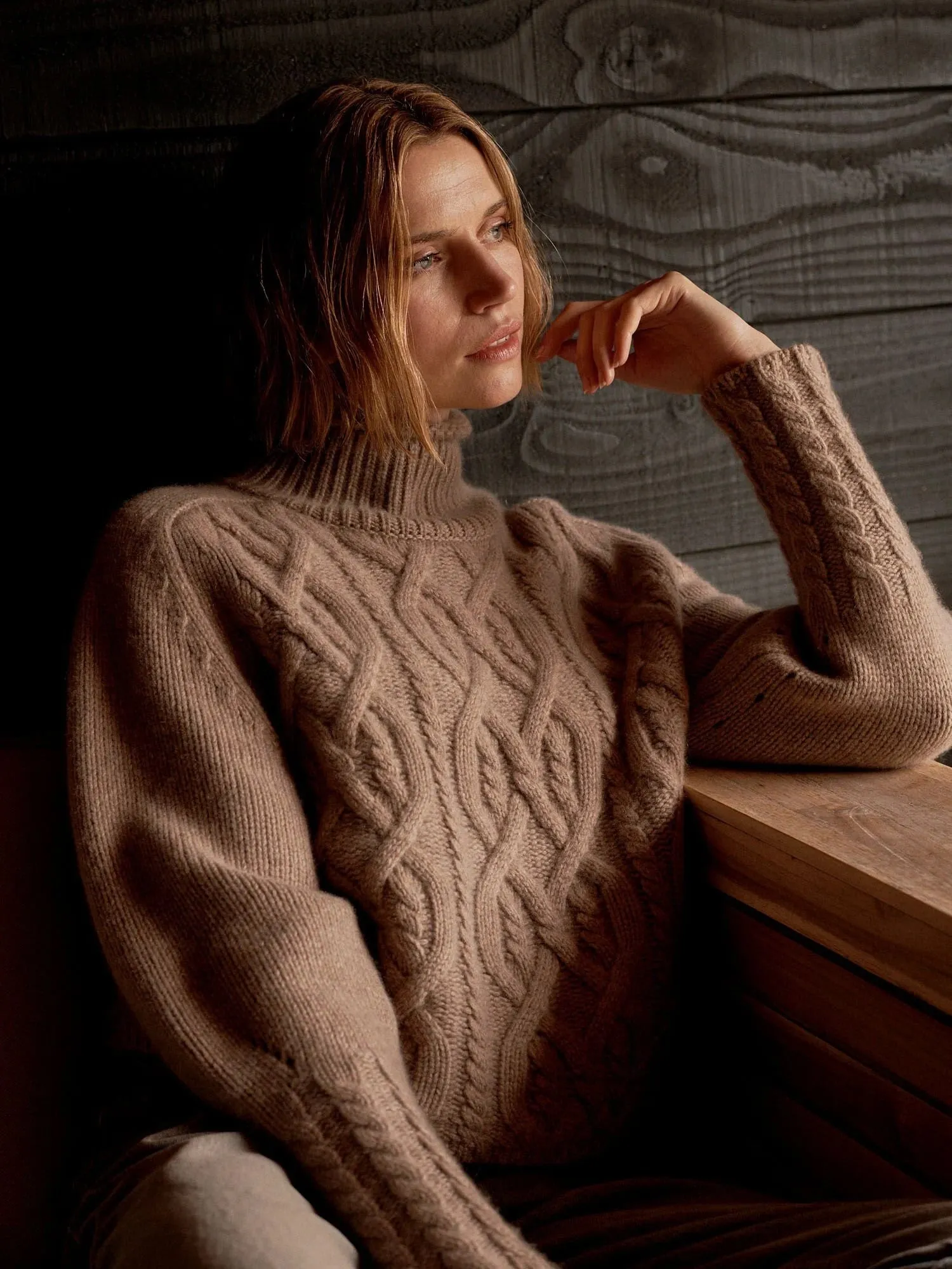Repeat Cashmere Cropped Cable Knit Cashmere Sweater in Taupe