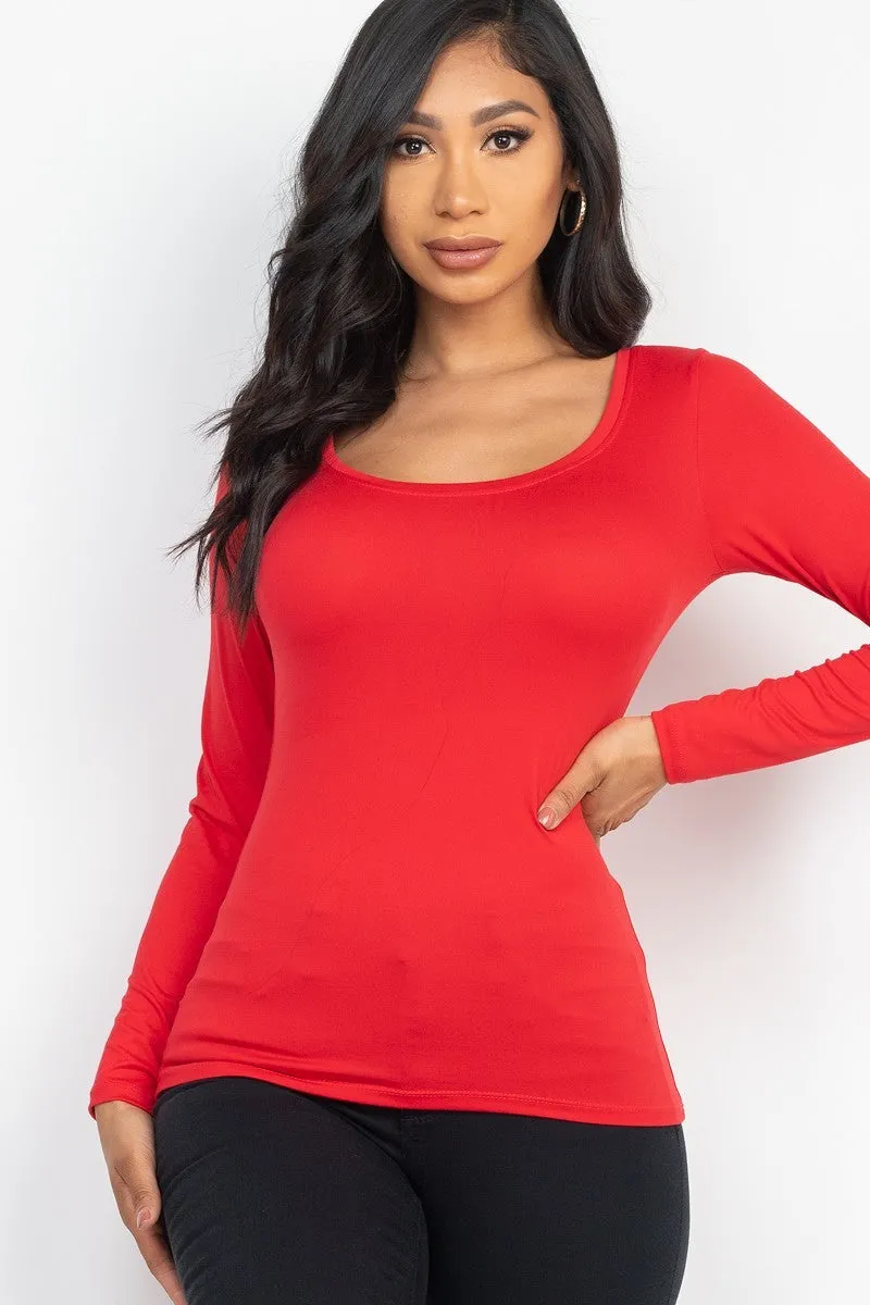 SCOOP NECK SOLID LONG SLEEVE COZY TOP