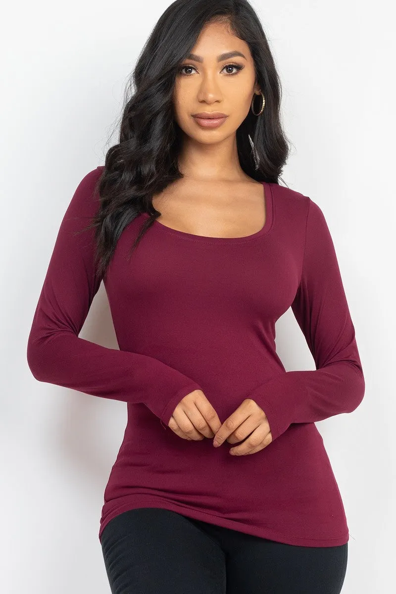SCOOP NECK SOLID LONG SLEEVE COZY TOP