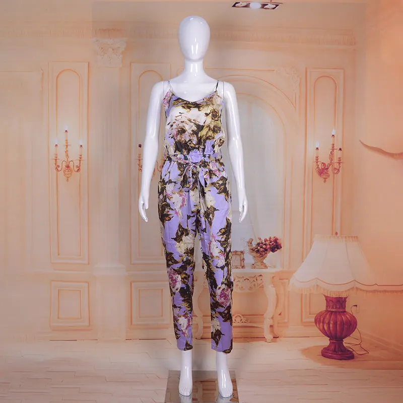 Spaghetti Strap Floral Print Jumpsuit Beachwear with Sashes