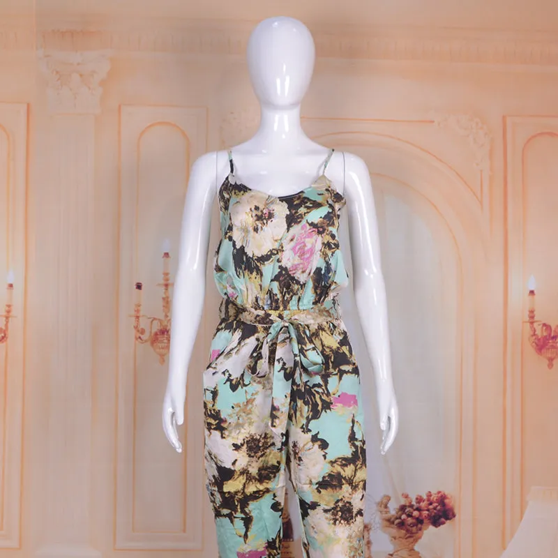 Spaghetti Strap Floral Print Jumpsuit Beachwear with Sashes